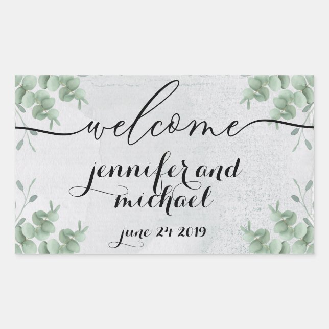 Sticker Rectangulaire Calligraphie de bienvenue Eucalyptus Botanique Ver (Devant)