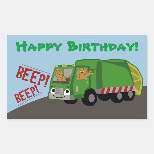 Sticker Rectangulaire Camion d'ordures d'anniversaire (Devant)