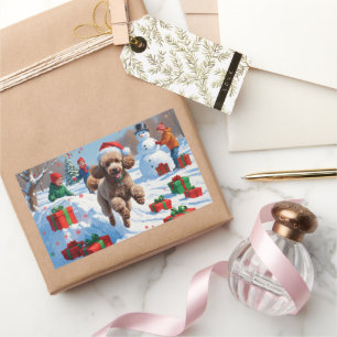 Sticker Rectangulaire Caniche courant dans la neige avec un chapeau de N