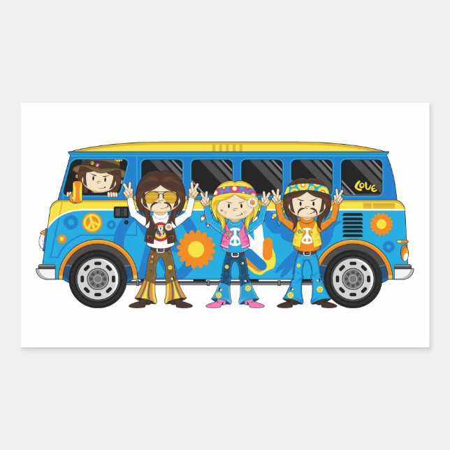 Sticker Rectangulaire Caricature 60 Paix Hippie Van (Devant)