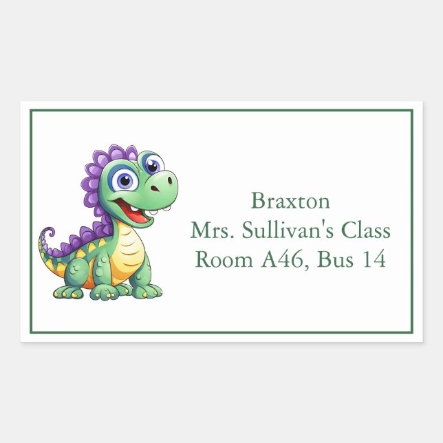 Sticker Rectangulaire Caricature mignonne Dinosaur Nametag de l'enfant (Devant)