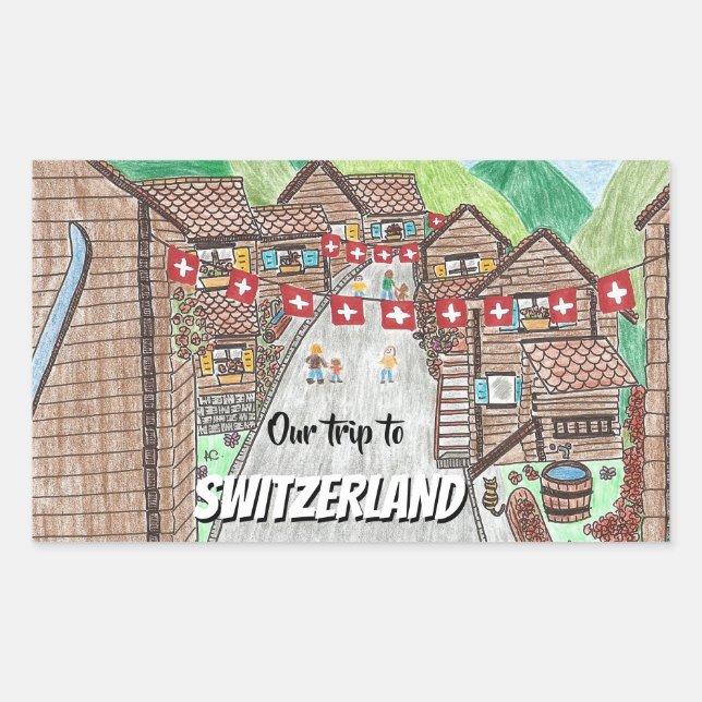 Sticker Rectangulaire Caricature suisse de ville de montagne dessin auto (Devant)