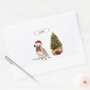 Sticker Rectangulaire Carlin drôle Chien de Noël avec arbre