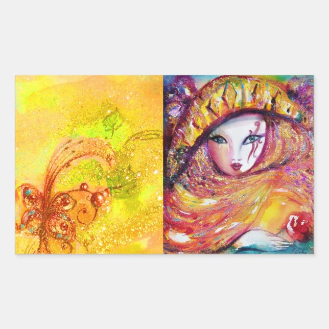 STICKER RECTANGULAIRE CARNAVAL EN JAUNE D'OR AVEC ROSE ROUGE (Devant)