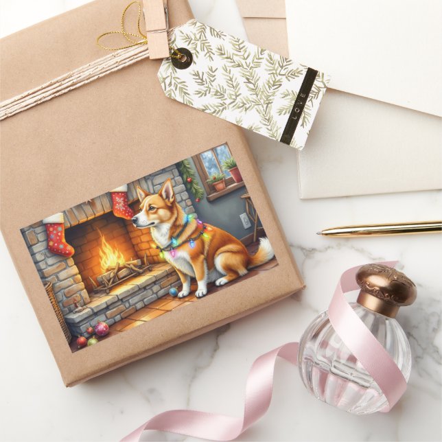 Sticker Rectangulaire Carolina Dog Fireplace with Christmas Lights (Cadeaux)
