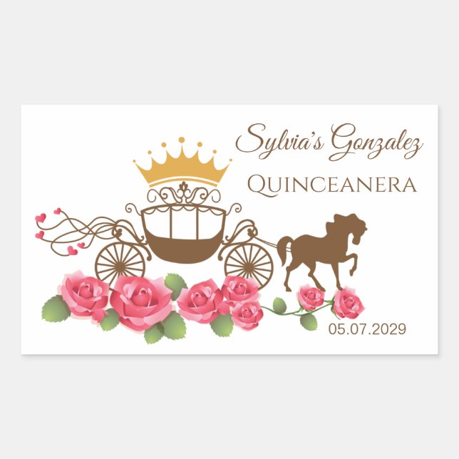 Sticker Rectangulaire Carrières, chevaux, couronne, Quinceanera rose (Devant)