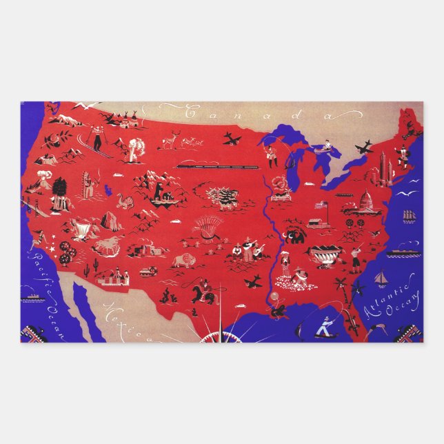 Sticker Rectangulaire Carte du Bureau de voyage des États-Unis d'Amériqu (Devant)