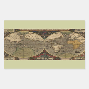 Sticker Rectangulaire Carte du monde Vintage 1595 par Jodocus Hondius