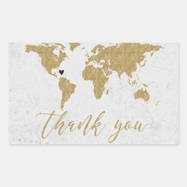 Sticker Rectangulaire Carte Gold Foil World Destination Merci de mariage (Devant)