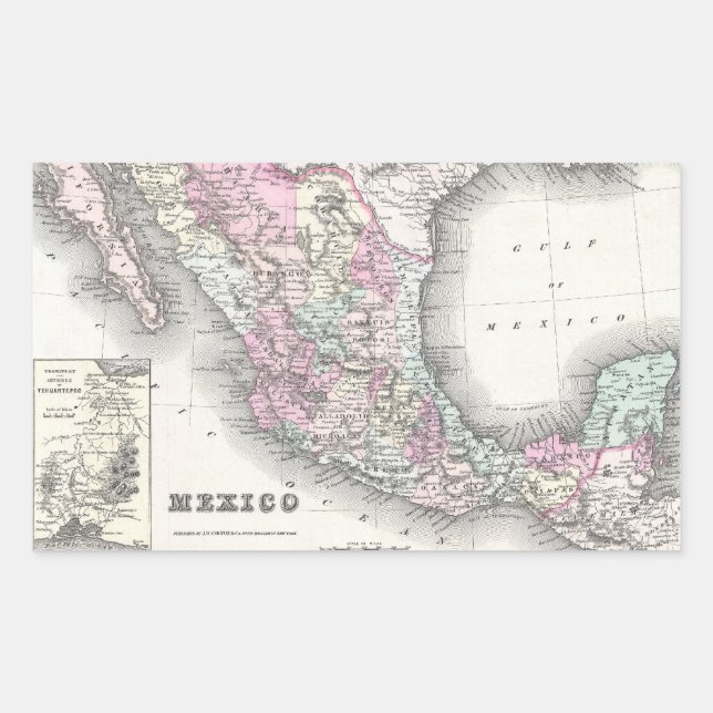 Sticker Rectangulaire Carte vintage du Mexique (1855) (Devant)