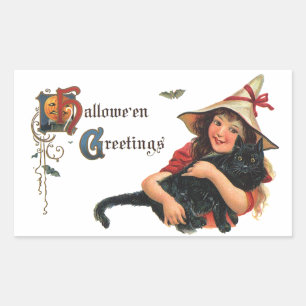 Sticker Rectangulaire Cartes de vœux Halloween vintage, enfant sorcière 