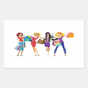 STICKER RECTANGULAIRE CARTOON SHOPPPING FILLES VECTEURS STYLE MODE S'AMU