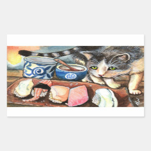 Sticker Rectangulaire Cat Looking at Sushi
