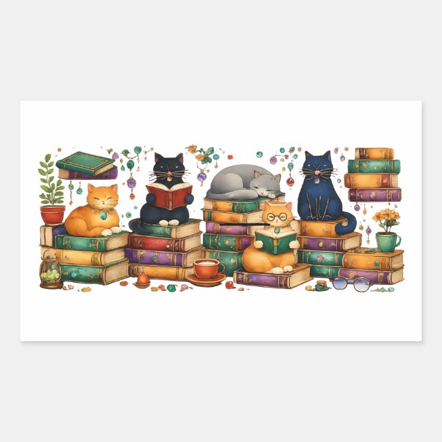 Sticker Rectangulaire Cats Reading Books Cozy Library Scene (Devant)