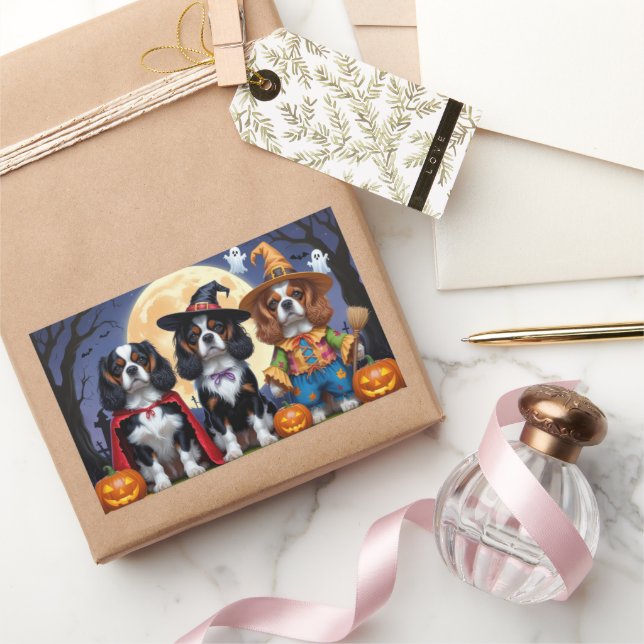 Sticker Rectangulaire Cavalier King Charles Spaniel Citrouille Halloween (Cadeaux)
