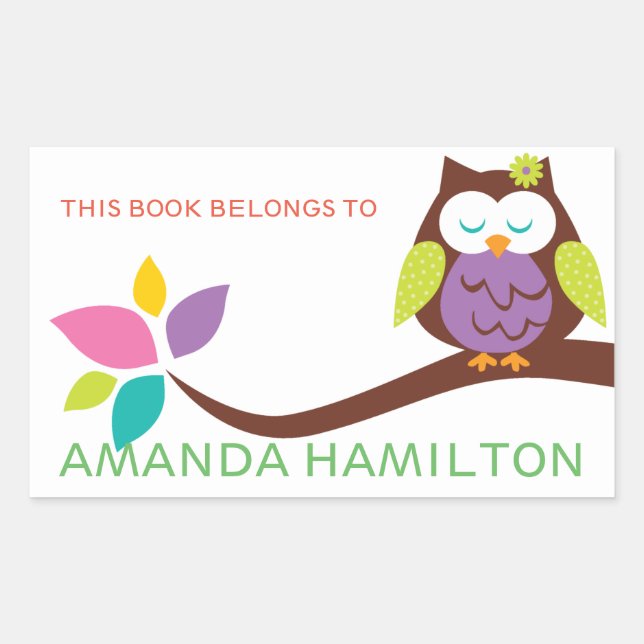 STICKER RECTANGULAIRE CE LIVRE APPARTIENT À ROSE CUTE OWL SUR UNE BRANCH (Devant)