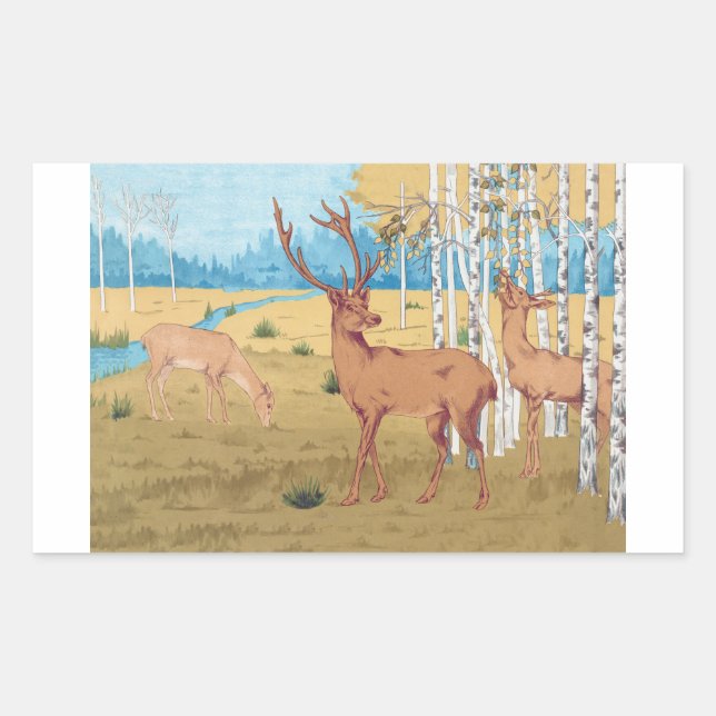 Sticker Rectangulaire Cerfs en forêt Animal Vintage (Devant)