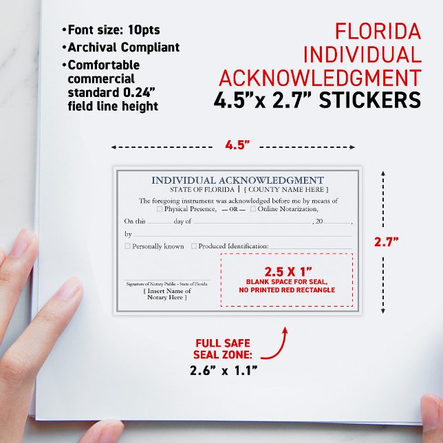 Sticker Rectangulaire Certificat de reconnaissance de notaire FLORIDE 4, (FLORIDA Notary Acknowledgment Certificate 4.5x2.7" Rectangular Sticker, matte finish)