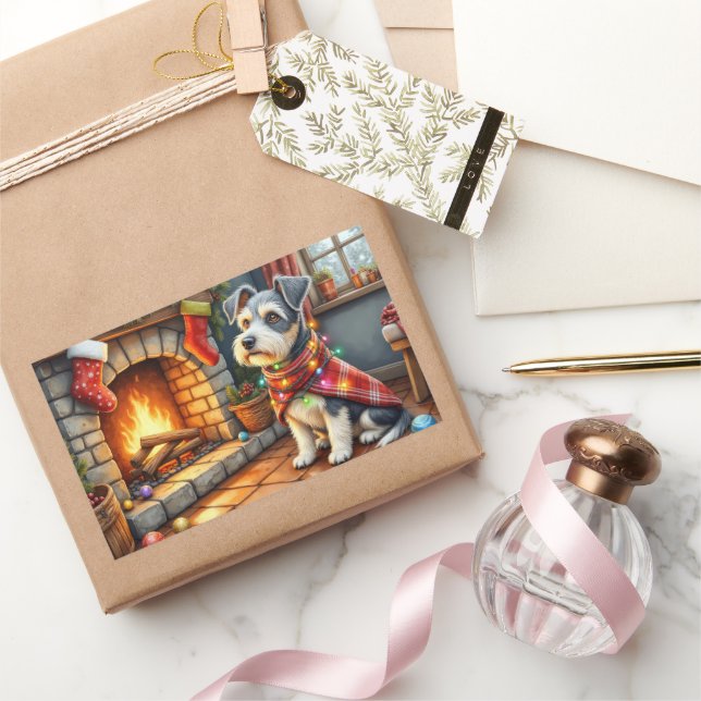 Sticker Rectangulaire Cesky Terrier Fireplace with Christmas Lights (Cadeaux)
