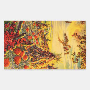 Sticker Rectangulaire Champ de citrouilles vintage Halloween avec meules