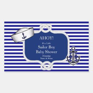 Sticker Rectangulaire Chapeau de Marin Baby Shower Garçon Rayure Bleue