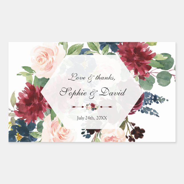 Sticker Rectangulaire Charmant Mariage de cadre Hexagon Floral Bourgogne (Devant)