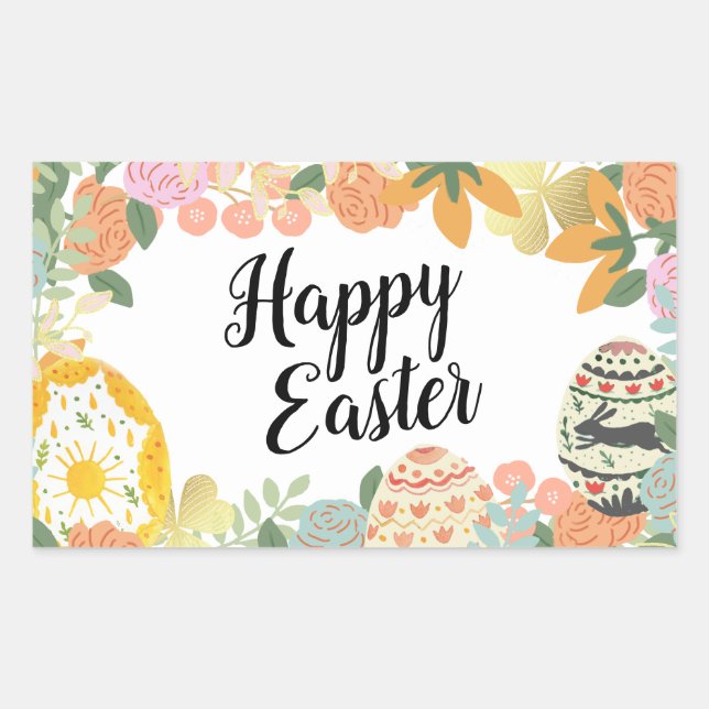 Sticker Rectangulaire Chasse aux oeufs floraux printemps Happy Pâques (Devant)