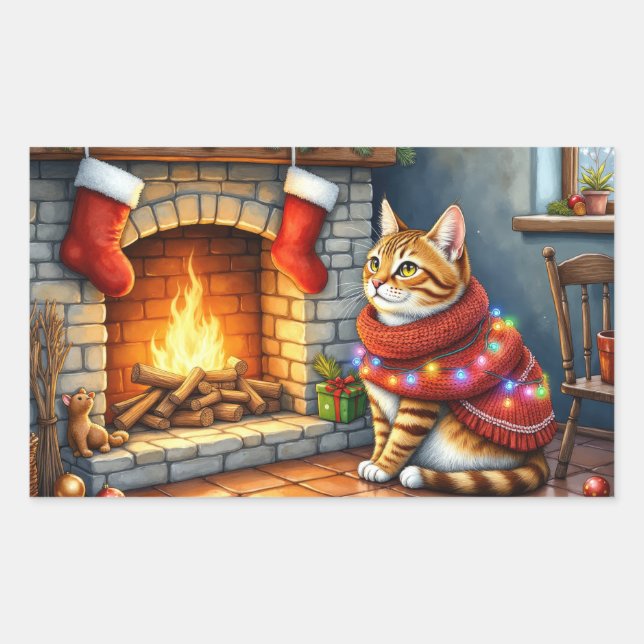 Sticker Rectangulaire Chat abyssin assis près de la cheminée à Noël (Devant)