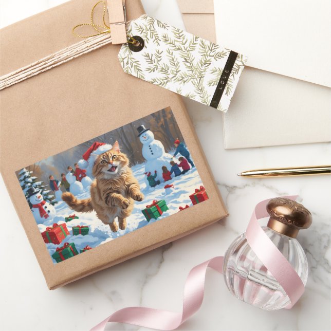 Sticker Rectangulaire Chat angora turc courant dans la neige avec un cha (Cadeaux)