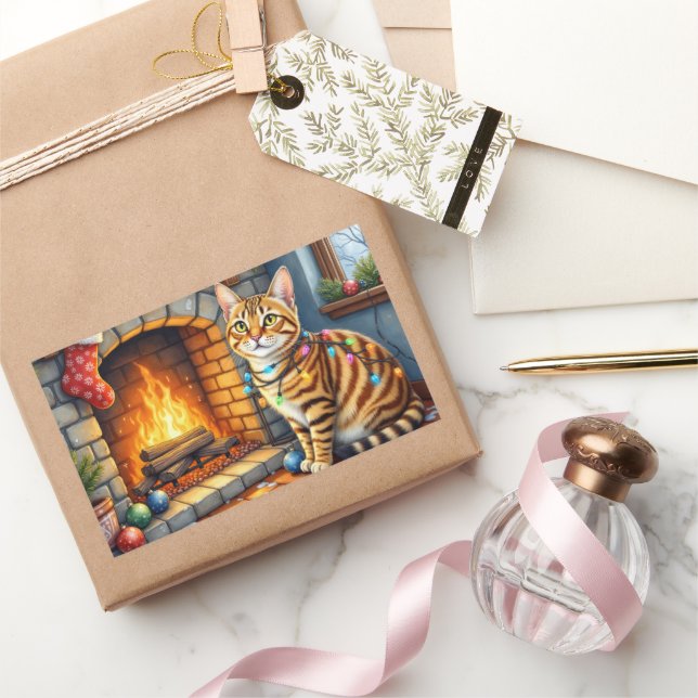 Sticker Rectangulaire Chat Bengal devant une cheminée avec des lumières  (Cadeaux)