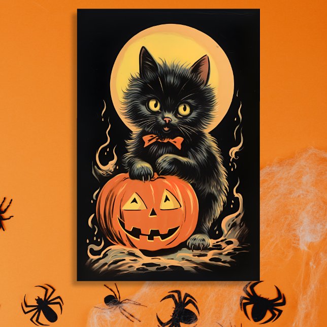 Sticker Rectangulaire Chat de Halloween vintage avec citrouille (Vintage Halloween Cat sticker retro)