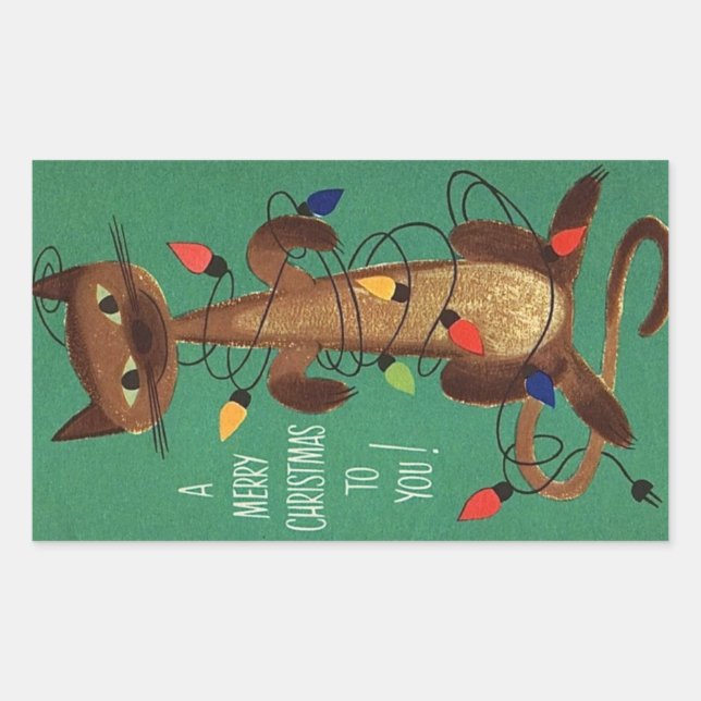 Sticker Rectangulaire Chat De Noël Vintage En Lumière (Devant)