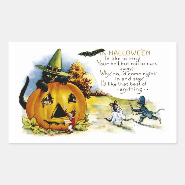 Sticker Rectangulaire Chat d'Halloween et souris (Devant)