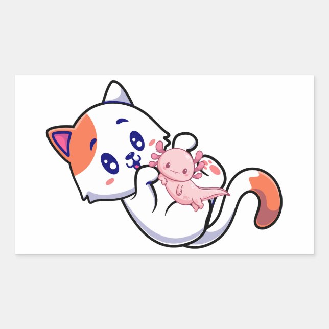 Sticker Rectangulaire Chat et Axolotl Kawaii Neko Anime (Devant)