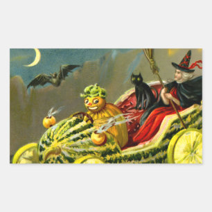 Sticker Rectangulaire Chat et sorcière vintage d'Halloween noir