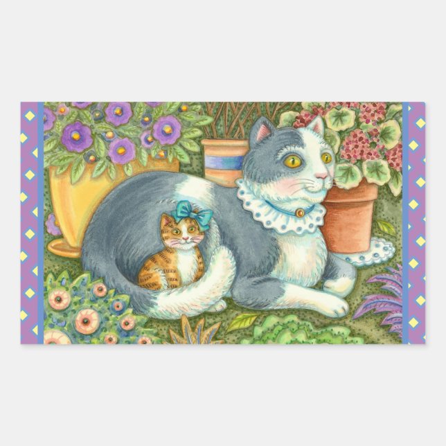 STICKER RECTANGULAIRE CHAT MÈRE ET CUISINE, FLEURS POTÉES, BOWS & LACE (Devant)