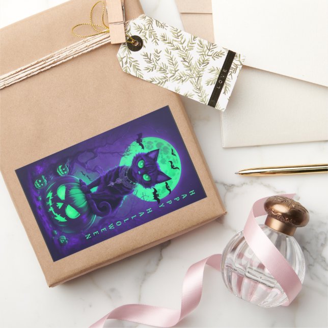 Sticker Rectangulaire Chat noir aux yeux verts brillants (Cadeaux)