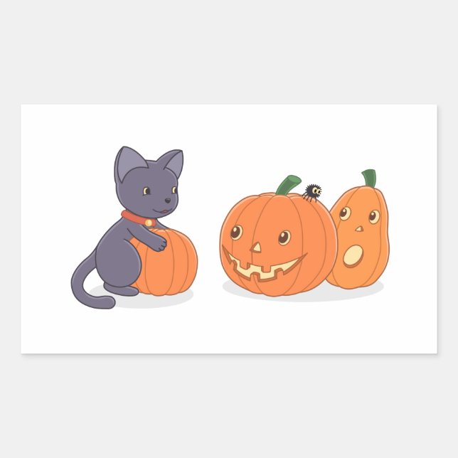 Sticker Rectangulaire Chat noir d'Halloween et Citrouilles (Devant)