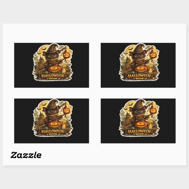 Sticker Rectangulaire 🐈‍⬛🎃 Chat Noir et Citrouille Épouvantables – Nui (Feuille)