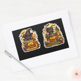 Sticker Rectangulaire 🐈⬛🎃 Chat Noir Sorcière – Citrouille de Hallowee