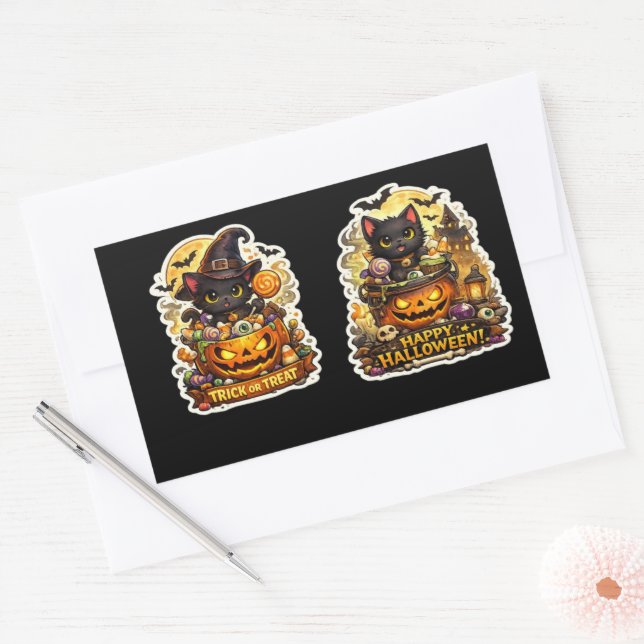 Sticker Rectangulaire 🐈‍⬛🎃 Chat Noir Sorcière – Citrouille de Hallowee (Enveloppe)