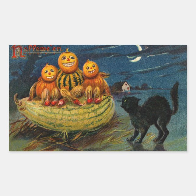 Sticker Rectangulaire Chat noir vintage Halloween Citrouille (Devant)