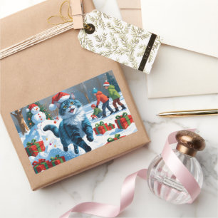 Sticker Rectangulaire Chat Oriental Bleu Assis dans un Chapeau de Noël e
