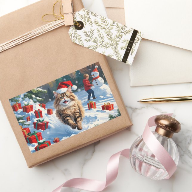 Sticker Rectangulaire Chat persan assis dans la neige avec Casquette de  (Cadeaux)