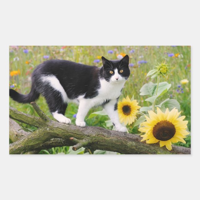 Sticker Rectangulaire Chat tuxedo mignon sur une branche d'arbre avec de (Devant)