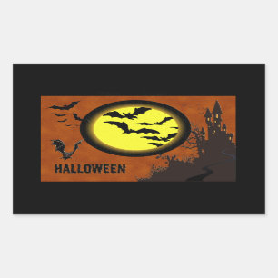 Sticker Rectangulaire Château haunted, Bats et Yellow Moon