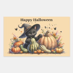 Sticker Rectangulaire Chaton de sorcière noire Halloween W/ Gourds Citro