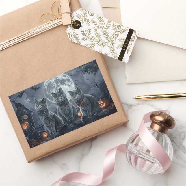 Sticker Rectangulaire Chats Bleus Russe Halloween Éffrayant (Cadeaux)