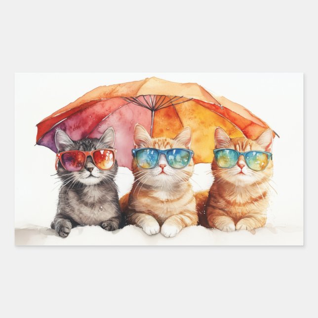 Sticker Rectangulaire Chats de plage Parapluie Kitties été (Devant)
