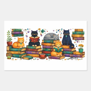 Sticker Rectangulaire Chats lisant des livres Scène de bibliothèque cosy